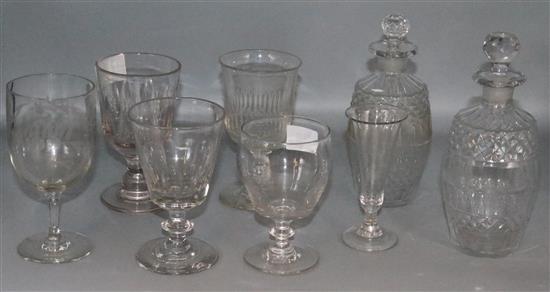 Five 19th Century drinking glasses, another and pair of cut glass decanters